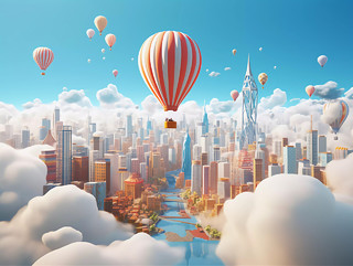 科技城市未来感城市建筑3D建模热气球飞跃城市场景